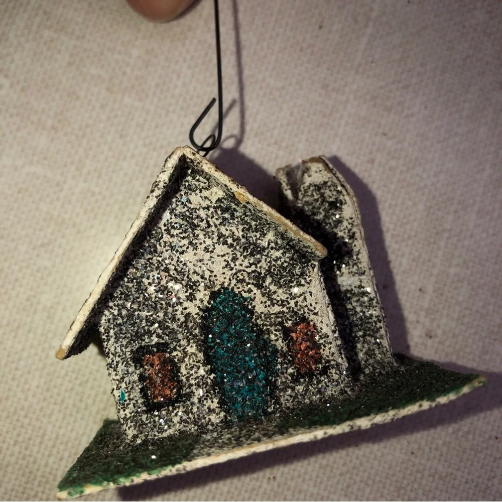 Vintage Paper‎ Cardboard Glitter Church House Christmas Tree Ornament Japan Made